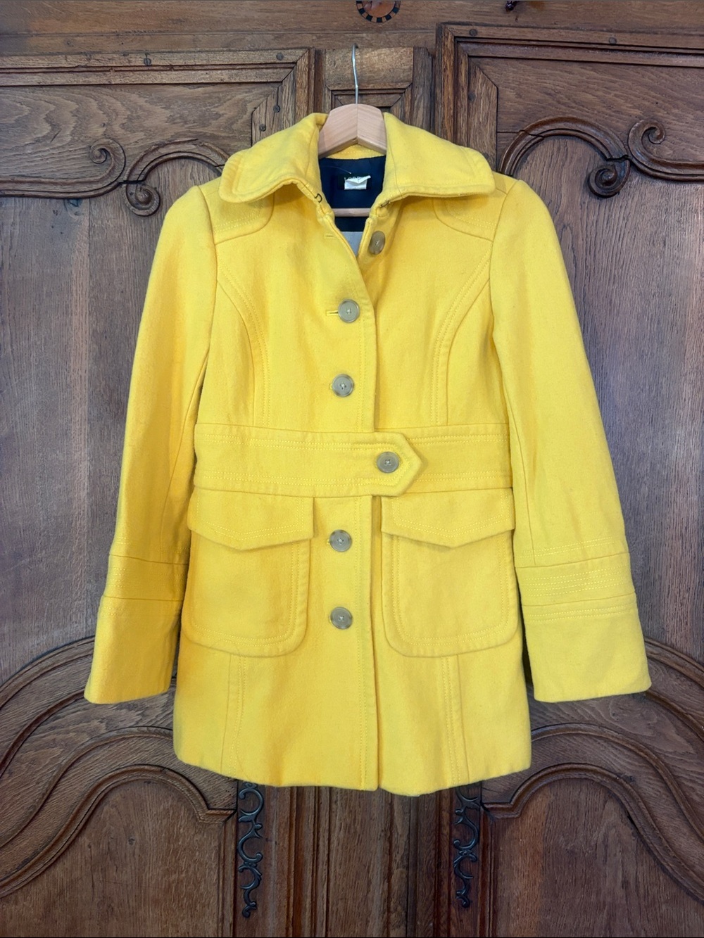 J Crew Stadium Cloth Majesty Bright Yellow Pea Coat Jacket Size 4 - Picture 3 of 13